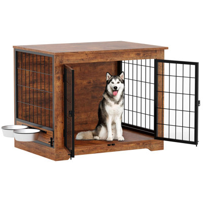 Wooden Dog Crate Furniture for Large Dogs 32 Inch Indoor Dog Kennel 2 Doors 360 Rotating Feeders Heavy Duty Dog House Double Locks Bowls for Small Medium Dogs