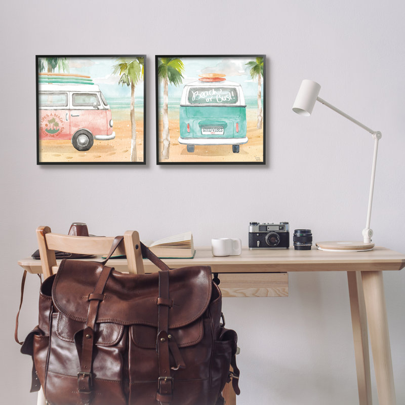 «Tropical Beach Holiday Van» par Dina June, ensemble de 2 peintures sur bois, H 17 po x l 34 po x P 1,5 po