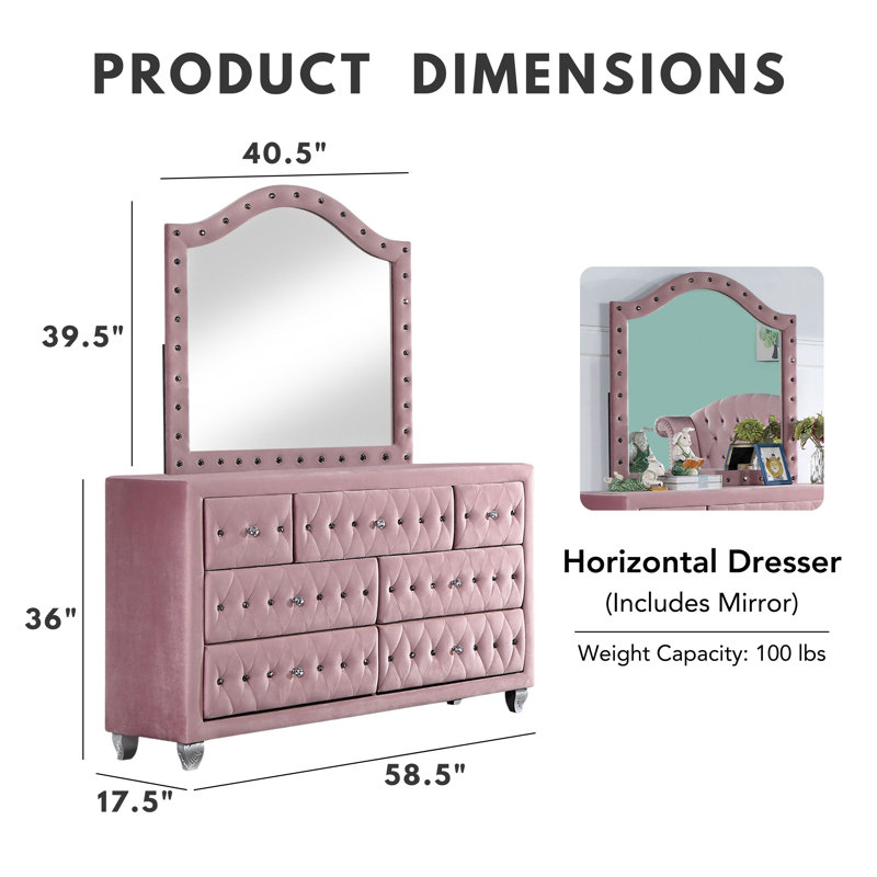 Waldschmidt Upholstered Standard Bedroom Set, Queen, Pink, 5 Pcs: Bed, 2 Nightstands, Dresser, Mirror