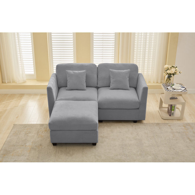 Nicholson 69.2" W Corduroy Loveseat with Ottoman and Toss Pillows, Light Gray