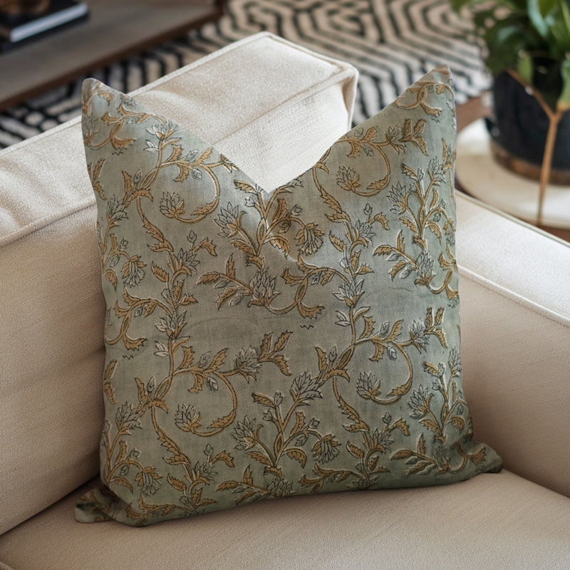 Housse de coussin en lin pur Fabcline, imprimé en bloc, 12"H x 20"W, Bleu, Rectangular