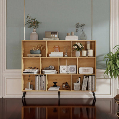 10 Cubes Bookshelf, Wooden 3-Tier Open Shelf Bookcas Book Shelf Storage Organizer with 5 Iron Legs for Home Office, Living Room, Bedroom