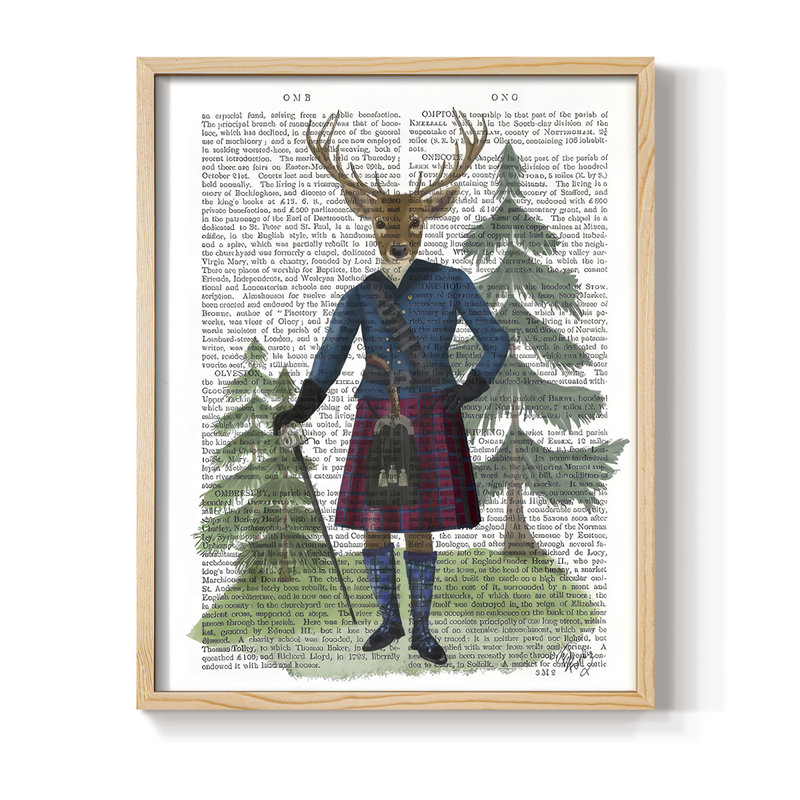 Scottish Deer Laird Tam OShunter, complet, reproduction d'art encadrée - bois massif, Naturel, H 11 po x l 9 po