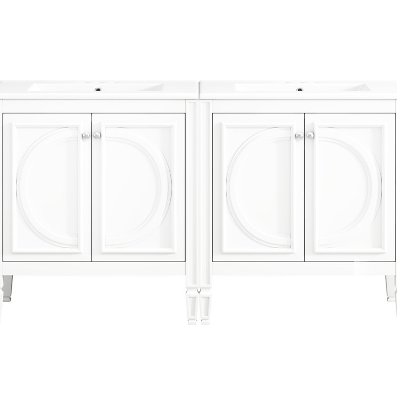 Meuble-lavabo de 60 po avec lavabo double, bois massif et construction, métal céramique imperméable, rangement réglable, charnières à fermeture en douceur, style rétro