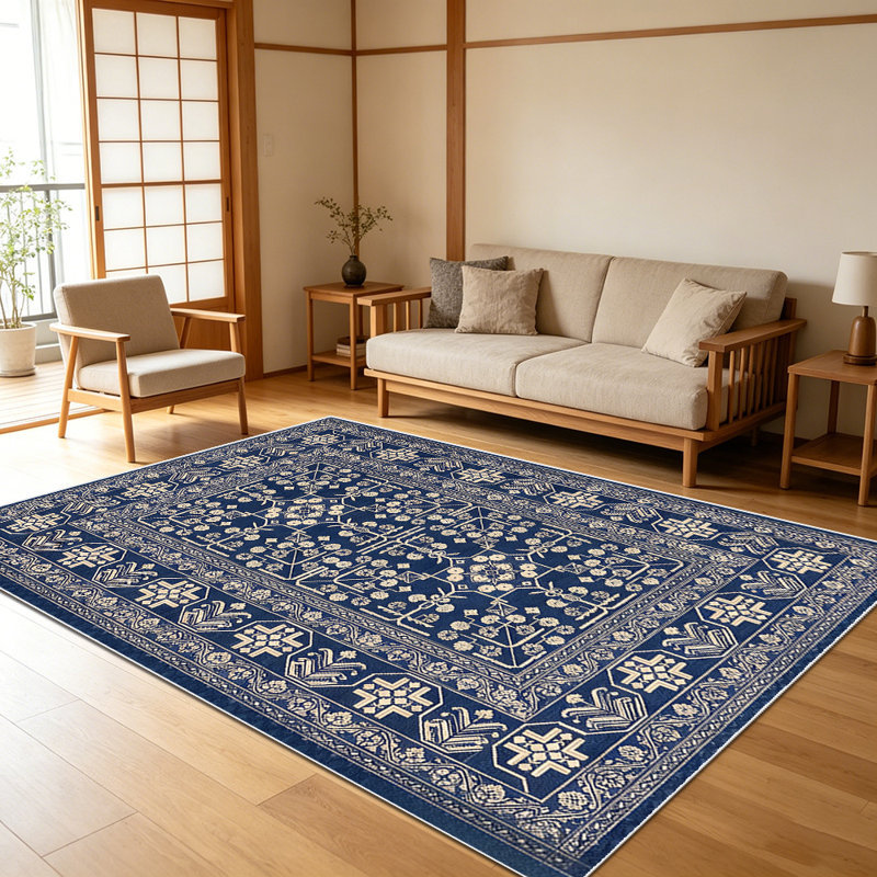 1PC Vintage Tribal Geometric Navy Cream area rugs for Living Room, Soft and Comfortable, Suitable for all seasons, easy-to-maintain, machine washable Indoor floor mat, Under Table Farmhouse suitable for dining table, bedroom, entryway, backyard
