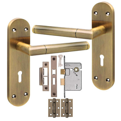 Golden Grace 1 Pair Victorian Mitred Design Long Rounded Backplate Door Handle Antique Brass Metal 3 Lever Lock Set - 182mm x 45mm