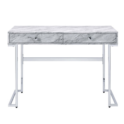 Bureau d'écriture de forme rectangulaire, 2 tiroirs pour organiser des articles de bureau, plateau en faux marbre blanc, structure, glissière de tiroir à extension 1/2, espace pour les pieds: l 35 po x l 19 po x P 26 po, taille 18 po x 15 po x 2 po, simple Et