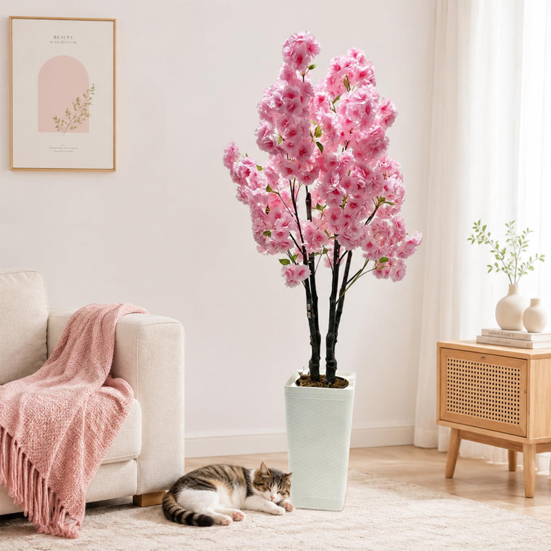 Cerisier artificiel en fleurs de 1,5 m de haut, fleurs en soie rose avec pot blanc, faux arbre printanier pour la décoration du salon, de l'entrée ou du bureau.