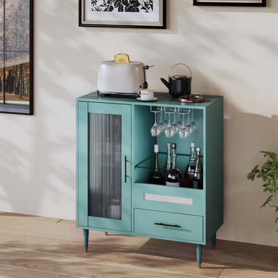 Wine Bar Cabinet with Tempered Glass Door & Rack , 30.7" Freestanding Modern Buffet Sideboard for Dining Room, Kitchen Coffee Bar & Liquor Storage Cabinet with Drawers and Glass Holder