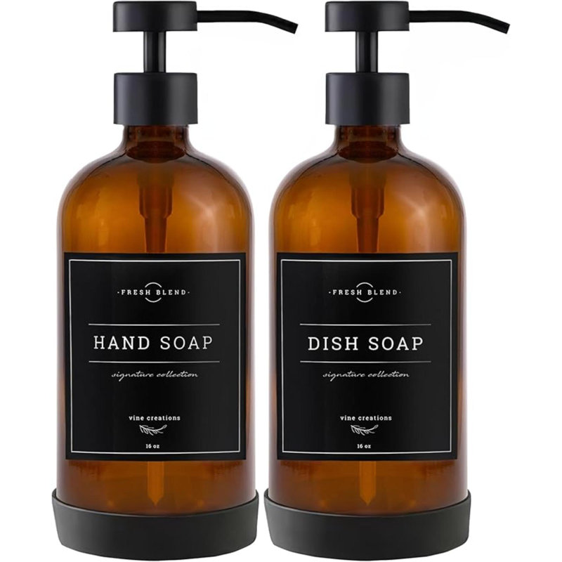 Amber Glass Soap Dispenser Set - Kitchen Soap Dispenser Set With Stainless Steel Pump - 16 Oz Dish Soap And Hand Soap Dispensers For Bathroom With Silicone Pad & Waterproof Labels