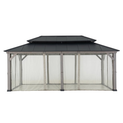 Pavillon de jardin en bois de cèdre 12 pi x 20 pi avec toit rigide en acier à deux niveaux pour terrasse et jardin Sunjoy