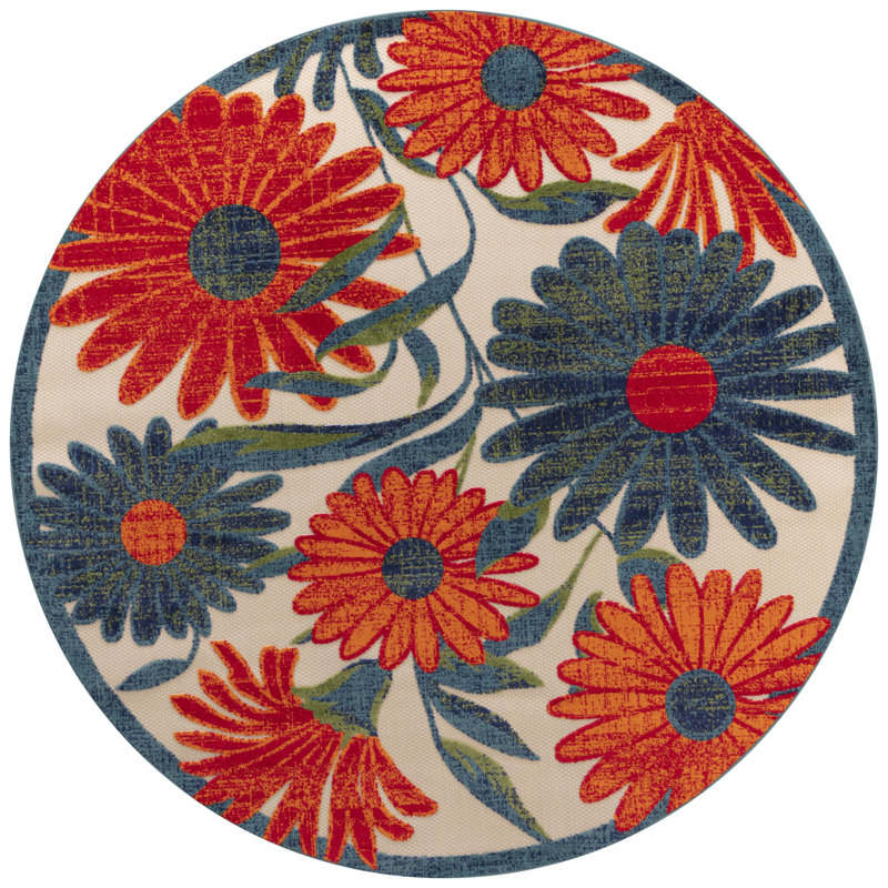 Tapis intérieur / extérieur floral Noleen, Rond 5 pi 3 po