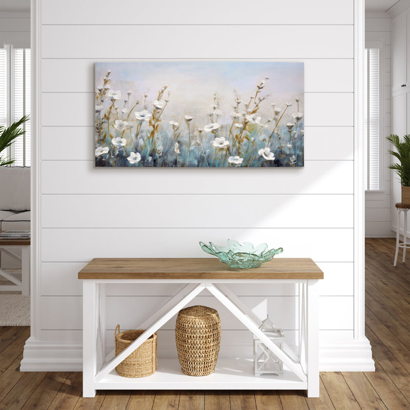 20x40 Floral Canvas Wall Art Featuring White Wildflowers with Hand-Painted Accents - Gallery Wrap - Green, Beige and Blue - Modern Wall Art