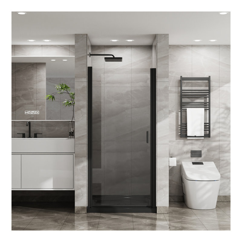 Pivot Shower Door, 1/4 inch Thick Tempered Glass Swing Shower Door, Semi-Frameless Design, Black