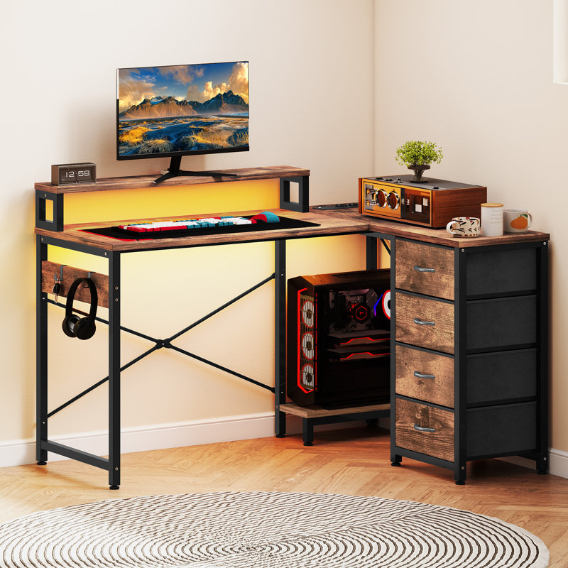 L-Shaped Metal Base Computer Desk with Power Outlet, Brown/Black 