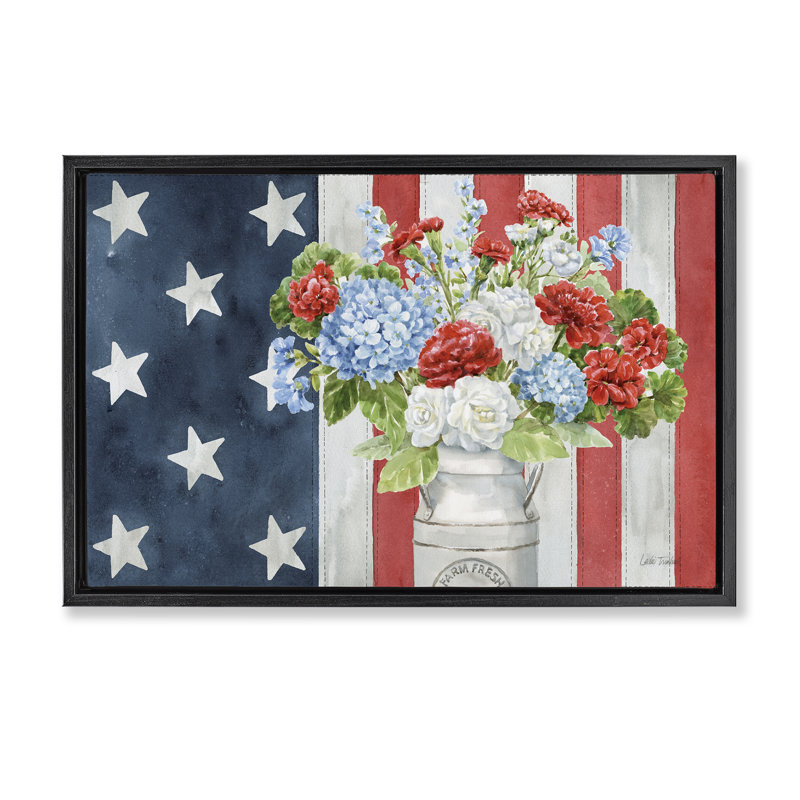 Toile flottante encadrée «American Flag Bouquet» par Leslie Trimbach, Cadre flottant noir de jais, H 17 po x l 25 po