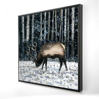 Toile de chambre rustique bleue | Caribou dans un décor de forêt hivernale