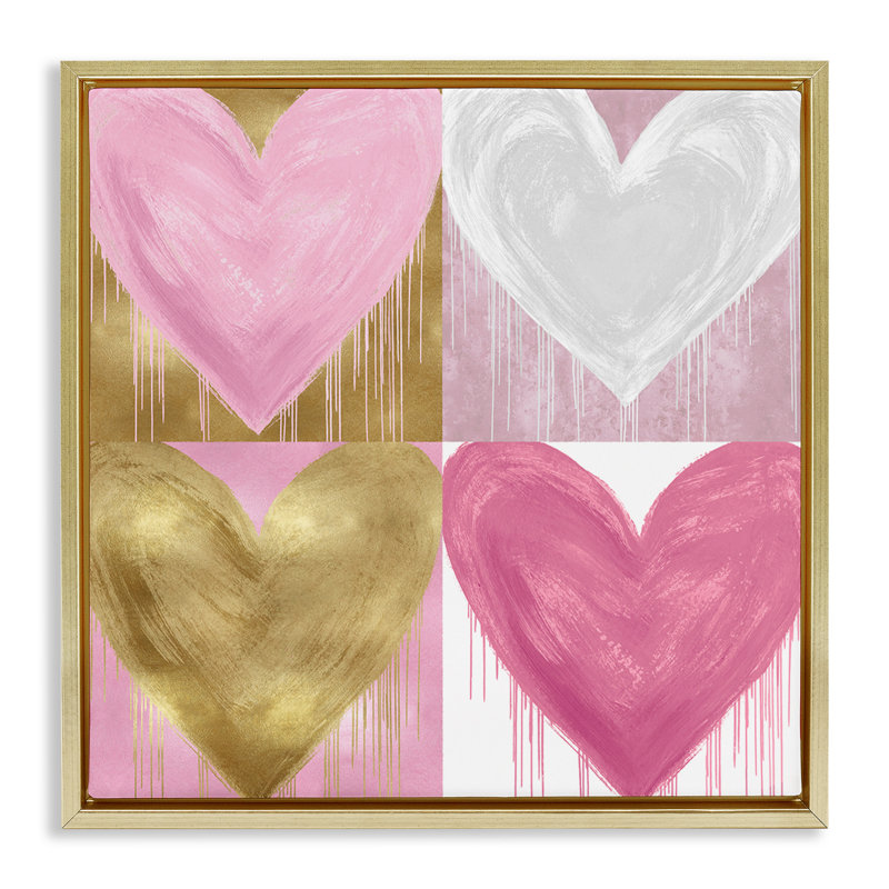 «Pink & Gold Glam Hearts», encadrée dorée sur toile flottante par Lindsay Rodgers, Cadre flottant métallique doré