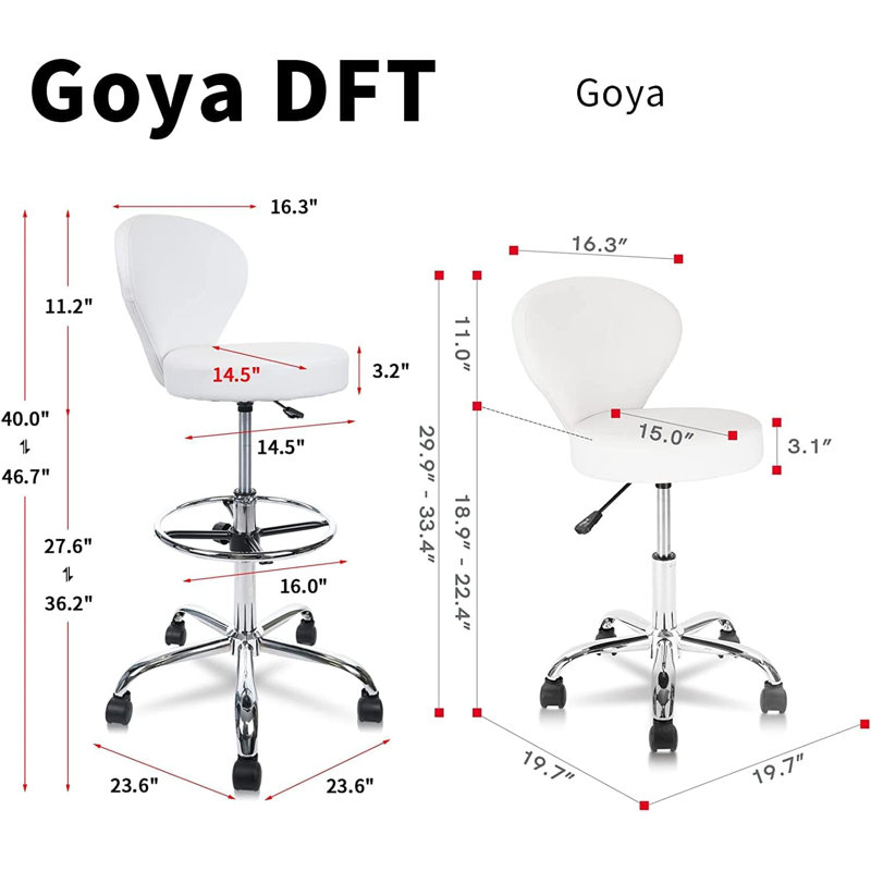 Backed Adjustable Height Ergonomic Lab Stool with Footring Wheels, White