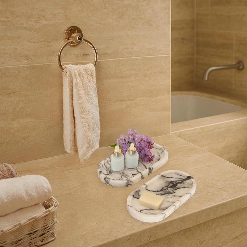 Ensemble de 2 plateaux de salle de bain ovales 100% marbre 2 pièces, Blanc