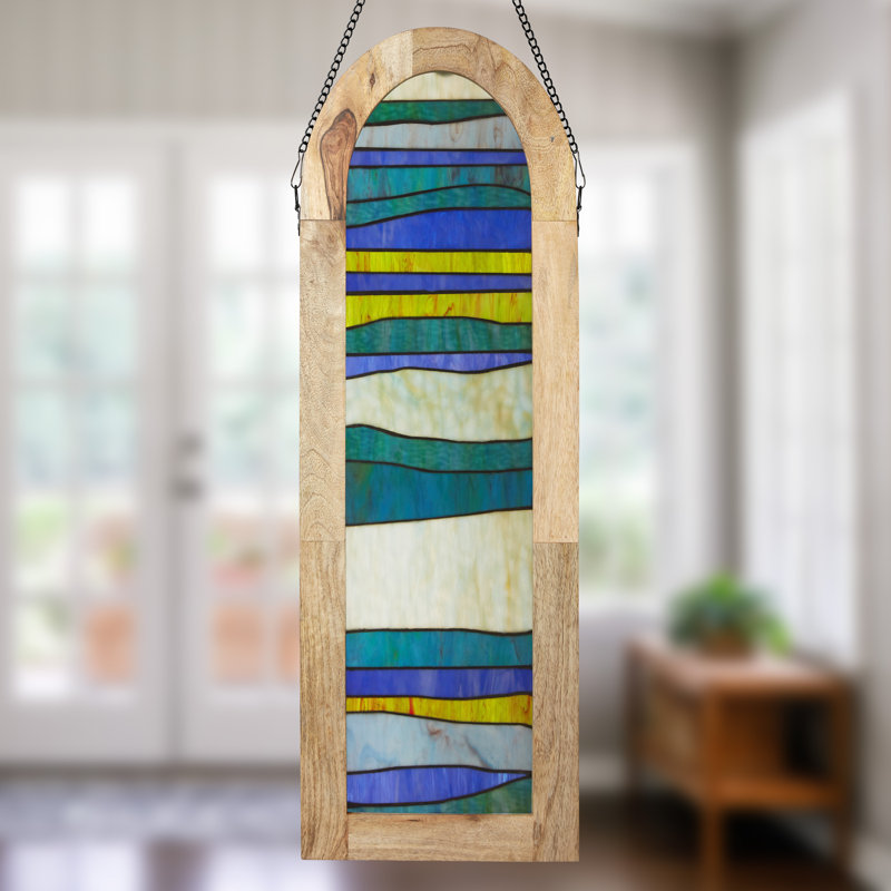 36"H Oversized Geometric Stained Glass Window Panel, Blue