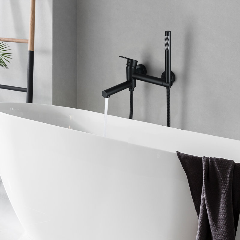 Solid Brass Wall Mounted Tub Faucet in Matte Black with Adjustable Tub Spout and Handheld Shower, Matte Black