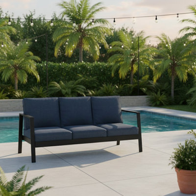 Patio d'extérieur 75 po 3 en aluminium noir avec coussins bleus - traitement, revêtement multicouche, fabrication 75 po toutes saisons et rouille de la structure, sièges confortables et résistants aux chocs
