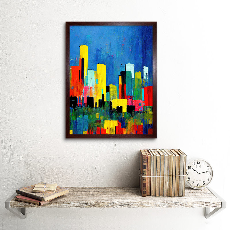 Abstract Midcentury Style Cityscape Skyline - Print, Brown Framed Paper, 43cm H x 33cm W x 2cm D