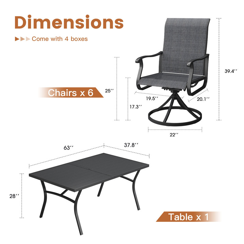 6-Person Patio Dining Set with 63" Metal Curved Dining Table and PVC-coated polyester Swivel Dining Chairs, Black