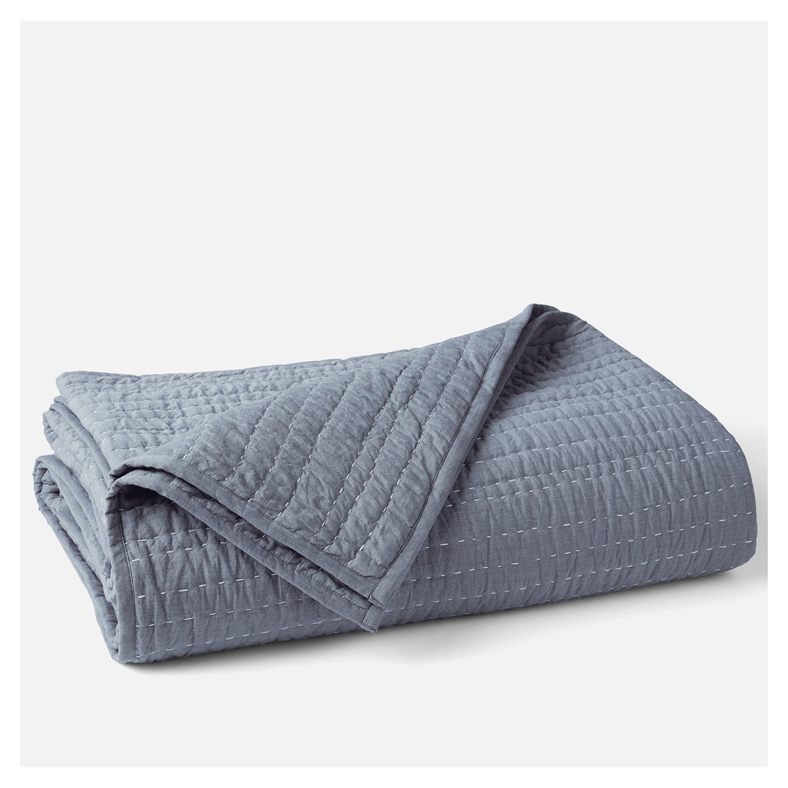 Channel Handstitched Organic Organic Percale Quilt, King Quilt, Indigo Chambray