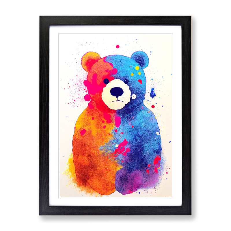 FRM-V0523-2486X Teddy Bear Paint Splatter Style - Single Picture Frame Print, Black, 34cm H x 25cm W x 2cm D