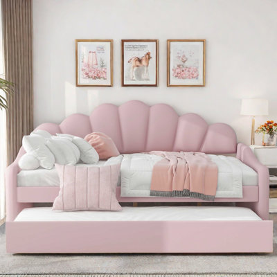Upholstery Velvet Daybed Frame With Shall Shaped Backrest And Trundle
