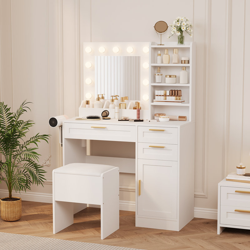 Bureau de coiffeuse avec miroir et lumières, ensemble de coiffeuse de maquillage avec tiroirs, armoire et chaise, mode 3 lumières et luminosité ajustée