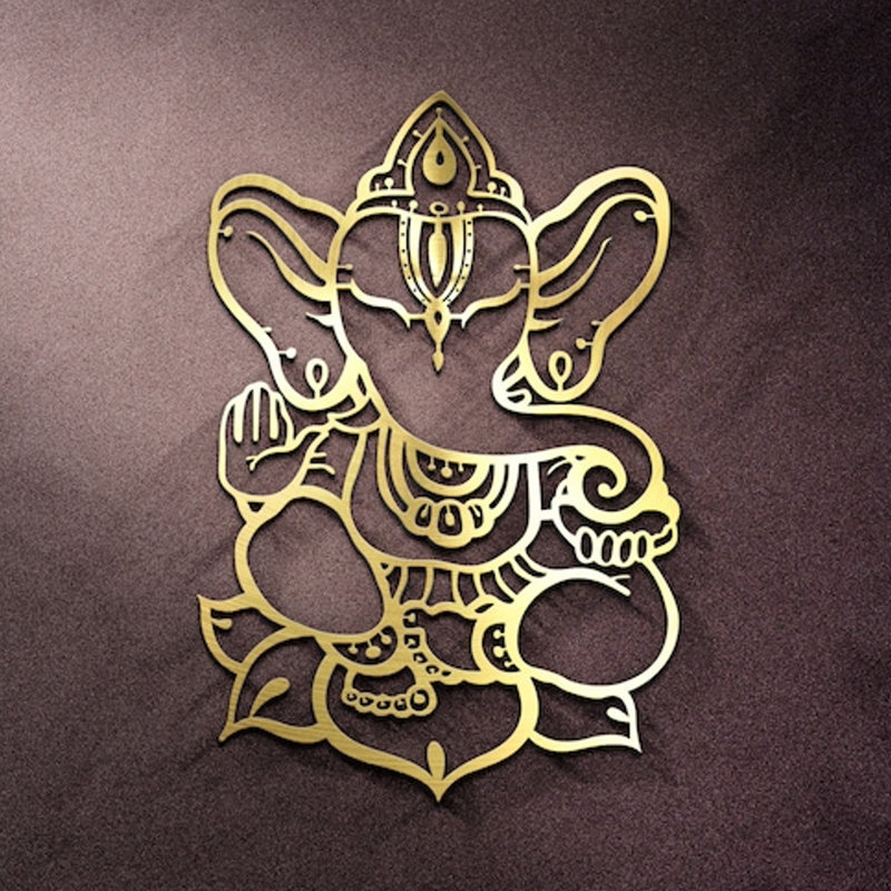 Metal Ganesha Idol Wall Hanging Decor, Ganapati Metal Wall Art Lord Ganesh Idol, Shiny Gold, 26" H x 17" W x 0.50" D