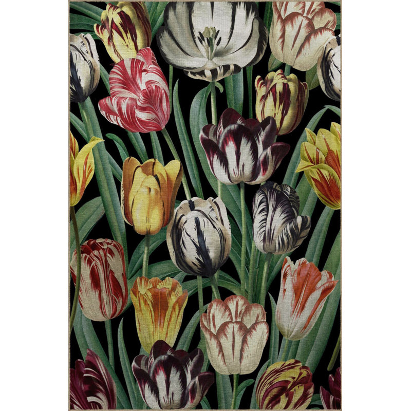 Tapis décoratif moderne à motif floral tulipe noir et vert, Sous-tapis rectangulaire de 3 pi 3 po x 4 pi 11 po