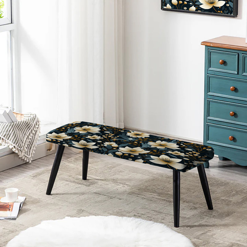 Banc rembourré floral noir, Motif floral blanc et noir Magnolias III