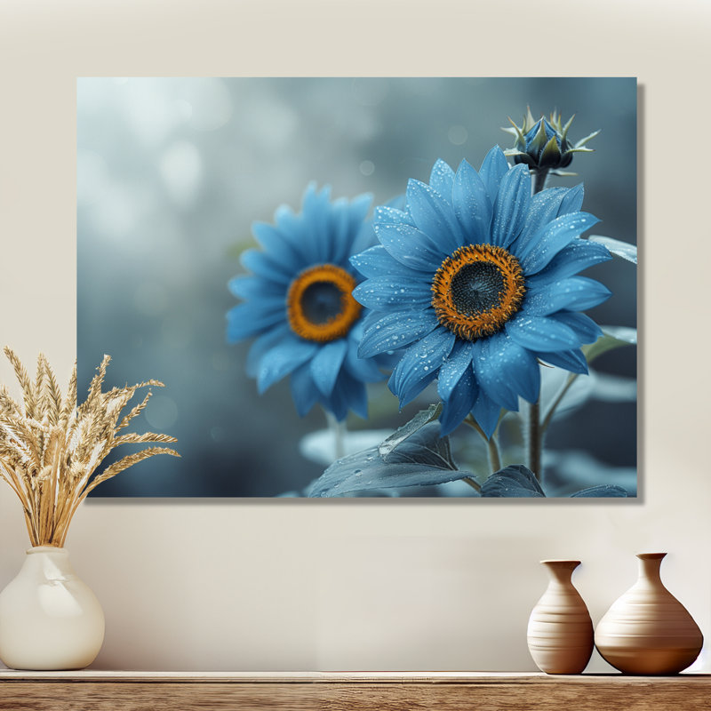 Nirvana monochromes bleus tournesols II - tournesols, art mural, Toile tendue, H 34 po x l 44 po x P 1,5 po