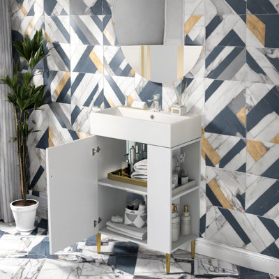 Meuble-lavabo moderne blanc et lavabo en céramique, rangement de salle de bain compact et élégant