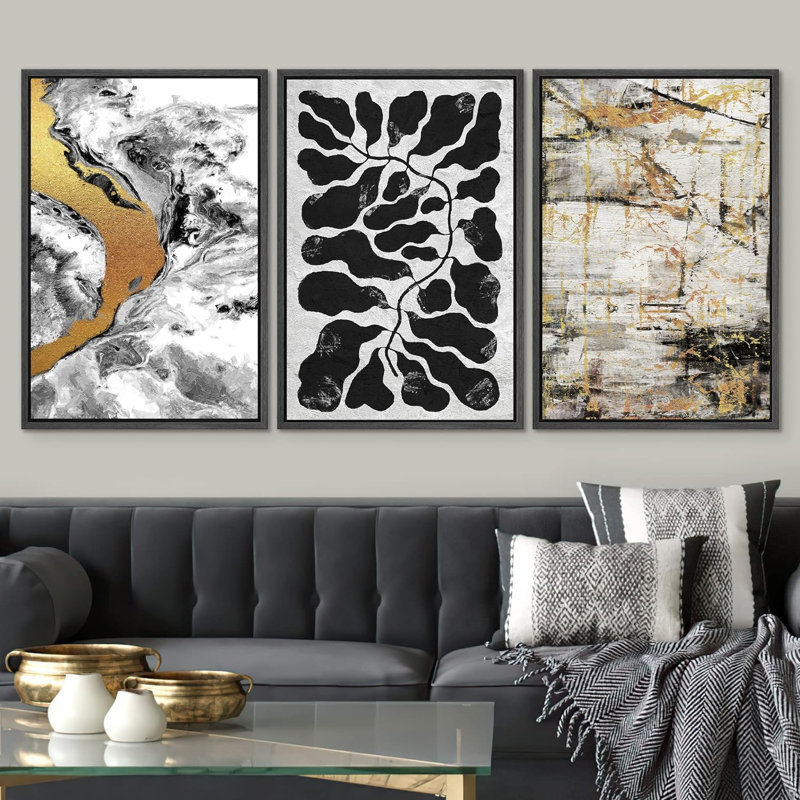 " White & Gold Marble Pattern And Tropical Leaves Abstract Shape Illustration Modern Art Chic " 3 - Pieces, Noir