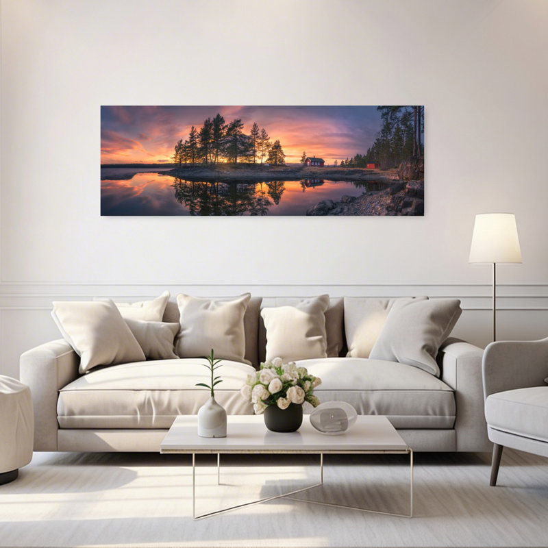 «Red Cabin Lake Reflection Colorful Peaceful Serene Landscape Nature», art mural, H 20 po x l 60 po