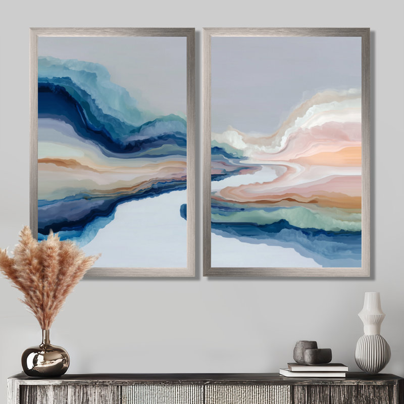 «White Blue River Fragments - Encre liquide, art mural, impression abstraite sur toile blanche 2 pièces, Picture Framed Print