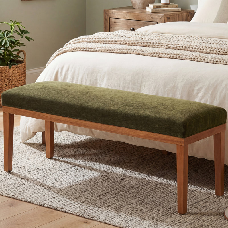 53" Green Upholstered Bedroom Bench, Wooden Frame Foot of the Bed Bench with Fabric Seat for Bedroom, End of Bed Seat Stool
