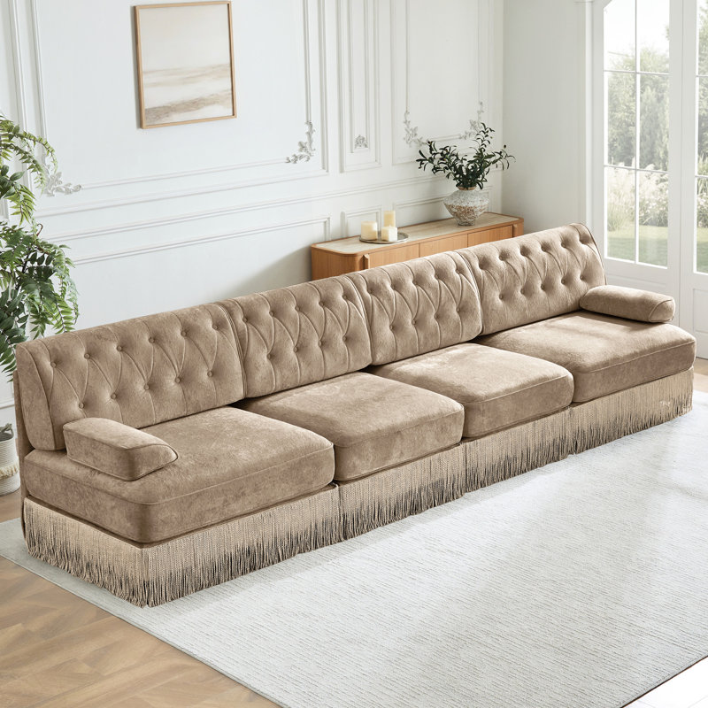 Velours camel 4 de style avec jupe à pampille, conception modulaire, facile à assembler, mousse haute pour salon modulaire, molleton doux, haute résilience