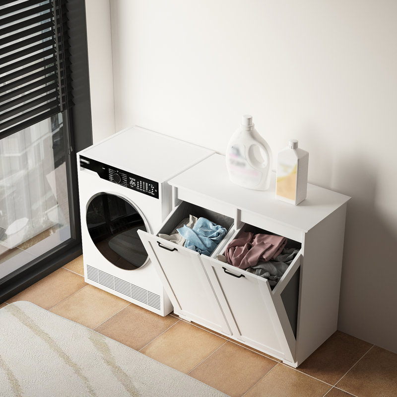 Armoire de rangement pour la lessive à 2 sections avec portes - séparez et dissimulez les sections divisées 2 sacs amovibles en bois faits de bois de 30,61 po Hauteur