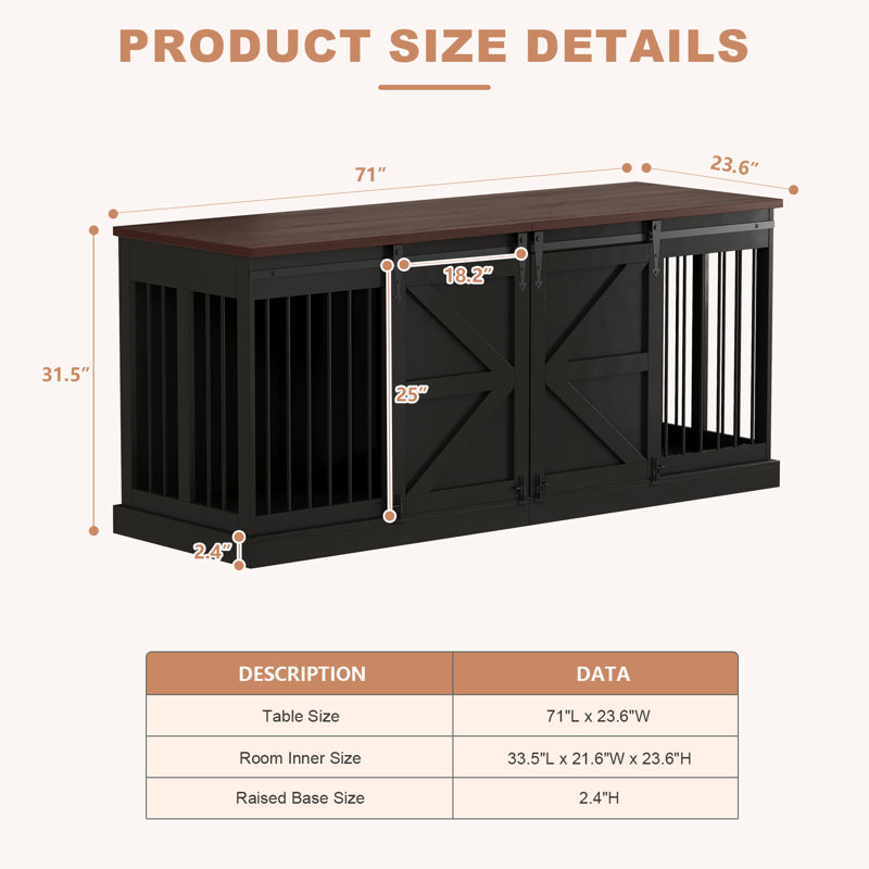 Dog Crate Furniture Indoor Wooden Dog Kennel With Room Divider & Sliding Barn Door 71”x23.6”x31.5”H, Black