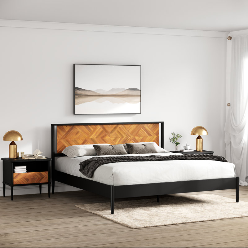 Cartlin Mid Century Modern Acacia Wood Platform Bed Frame with Artistic Chevron Headboard & Mystic Black Finish, 800lbs Heavy Duty, No Box Spring Needed