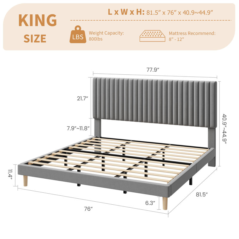 King Size Velvet Upholstered Platform Bed Frame with Adjustable Height Headboard, No Box Spring Needed, Easy Assembly - Grey