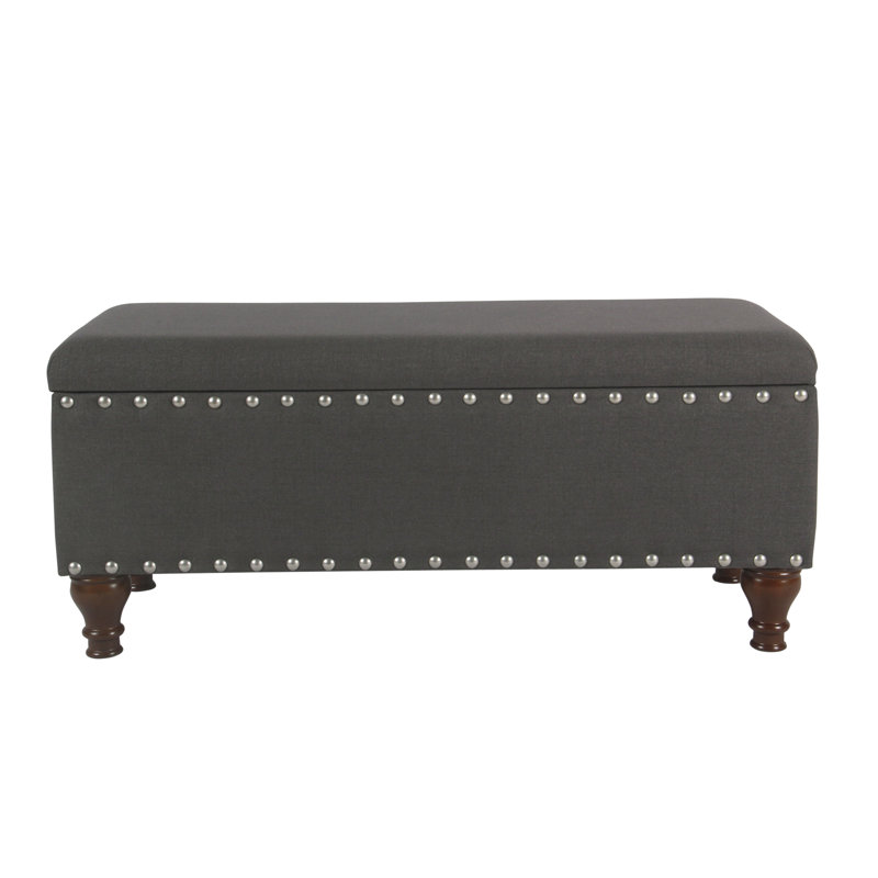 Anielle Upholstered Ottoman Storage Bench, Charcoal/Mattet Chrome Nailhead