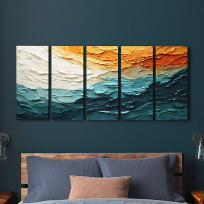 «Teal Orange Ocean Coastal Essence Collage», reproduction sur toile moderne - 5 panneaux égaux