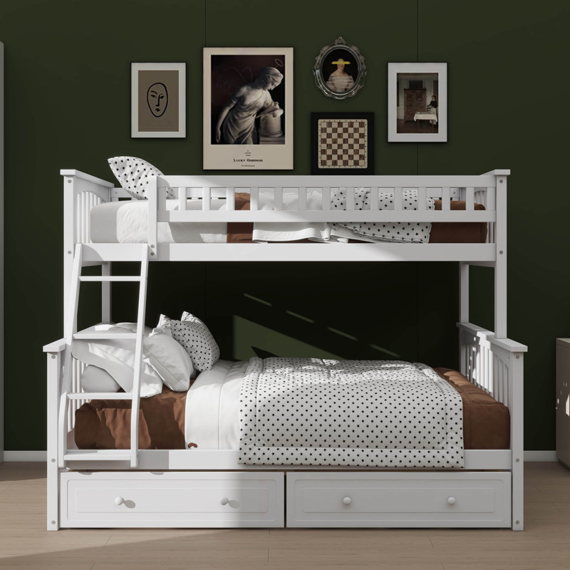 Lit simple superposé au dessus d'un lit double avec tiroirs et conception convertible, Blanc